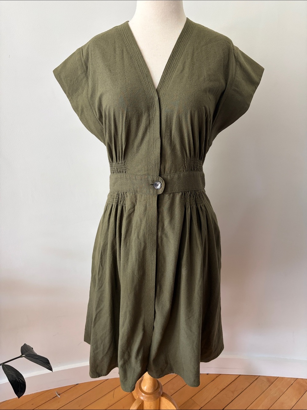 No. 6 Store Olive Green V-Neck Waist Button Dress
